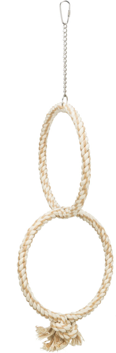 Zwei ineinander verschlungene, beige-weiße Seilringe mit Metallkette und Karabinerhaken zur Aufhängung.