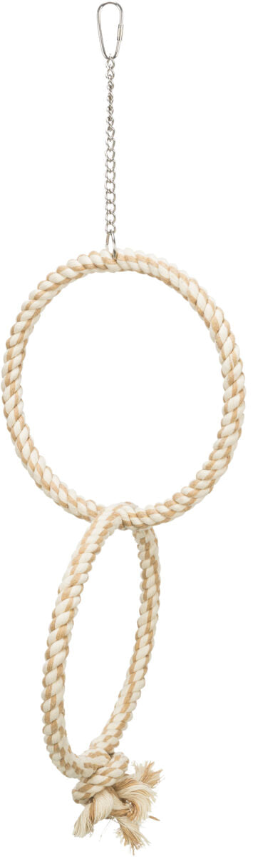 Zwei verschlungene, beige-weiß geflochtene Seilringe hängen an einer Metallkette mit Karabinerhaken.