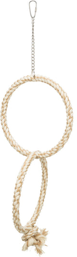 Zwei verschlungene, beige-weiß geflochtene Seilringe hängen an einer Metallkette mit Karabinerhaken.