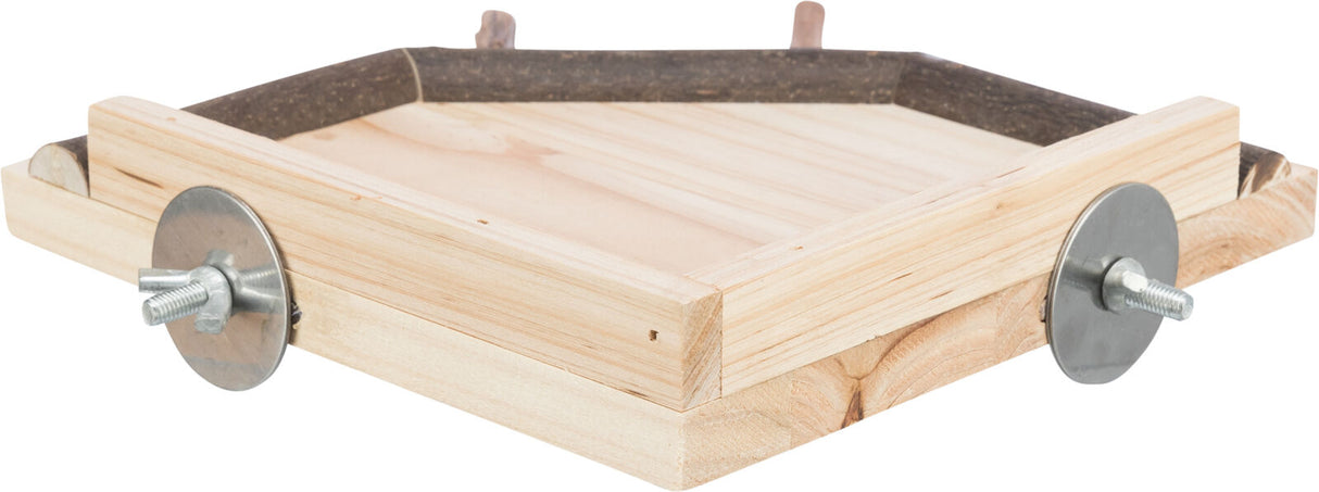 Holzplattform mit quadratischem Rahmen, zwei großen Metallscheiben und Schrauben an den Seiten befestigt.