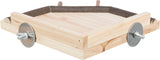 Holzplattform mit quadratischem Rahmen, zwei großen Metallscheiben und Schrauben an den Seiten befestigt.