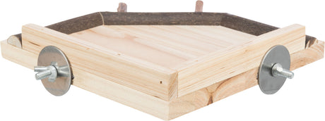 Holzplattform mit quadratischem Rahmen, zwei großen Metallscheiben und Schrauben an den Seiten befestigt.