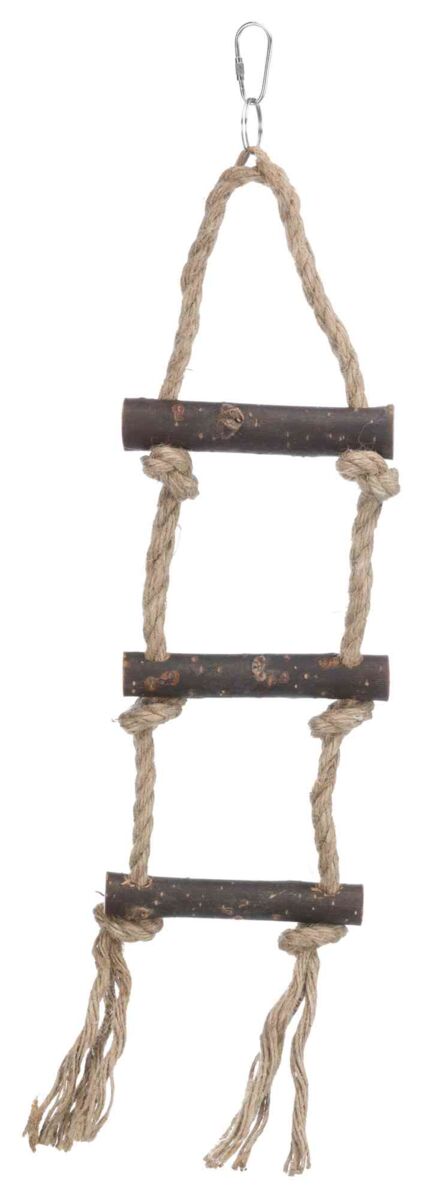 Eine Hängebrücke aus Holzstäben und Seilen mit einem Metallhaken zum Aufhängen.