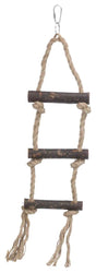 Eine Hängebrücke aus Holzstäben und Seilen mit einem Metallhaken zum Aufhängen.