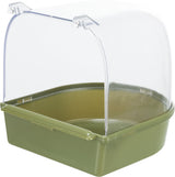 Grüne Katzentoilette mit Haube und transparentem Deckel, eckige Form.