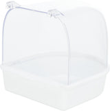 Weiße Kunststoffbox mit transparenter, gewölbter Abdeckung und zwei kleinen Scharnieren oben.