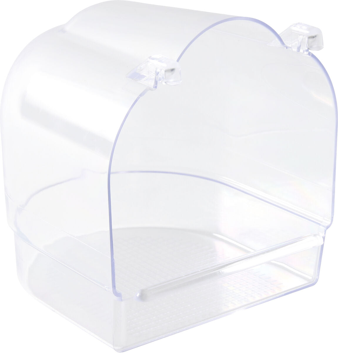 Transparente Kunststoffbox mit abgerundetem Deckel und seitlichen Clips.