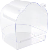Transparente Kunststoffbox mit abgerundetem Deckel und seitlichen Clips.