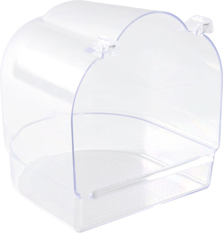 Transparente Kunststoffbox mit abgerundetem Deckel und seitlichen Clips.