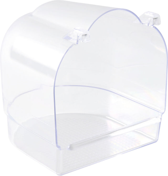 Transparente Kunststoffbox mit abgerundetem Deckel und seitlichen Clips.