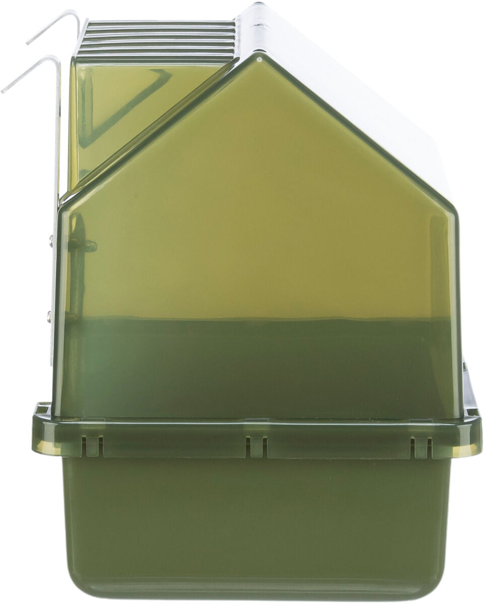 Grüne Kunststoffbox mit transparentem, pyramidenförmigem Deckel und zwei Metallhaken an der Seite.