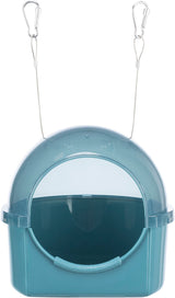 Transparente blaue Plastikwannenkonstruktion mit Kuppel und Metallseilen oben, Karabinerhaken an den Enden.