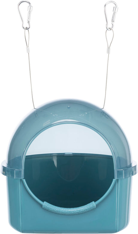 Transparente blaue Plastikwannenkonstruktion mit Kuppel und Metallseilen oben, Karabinerhaken an den Enden.