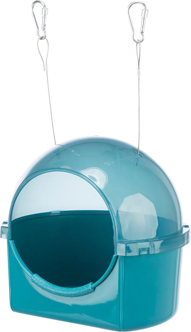 Transparente, blaue, halbrunde Plastikbox mit großem Eingang, zwei Metallhaken und Drahtaufhängung oben.
