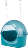 Transparente, blaue, halbrunde Plastikbox mit großem Eingang, zwei Metallhaken und Drahtaufhängung oben.