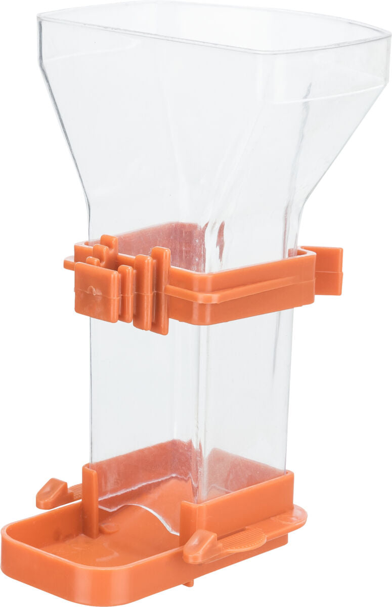 Transparenter Behälter mit orangefarbenem Sockel und Halterung, trichterförmig, aufrecht stehend.