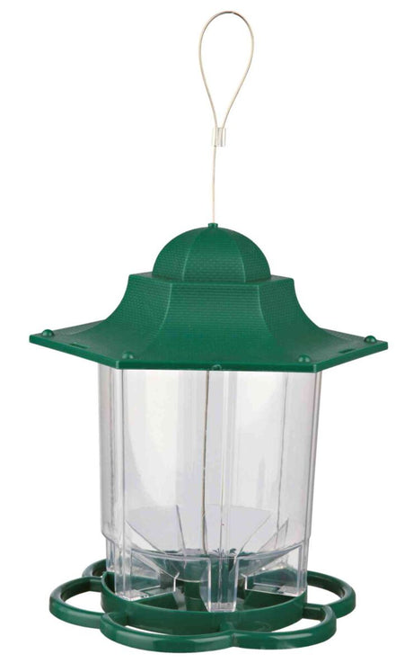 Transparenter Futterspender mit grüner Kuppel und Bodensockel, oben mit Drahtschlaufe zum Aufhängen.
