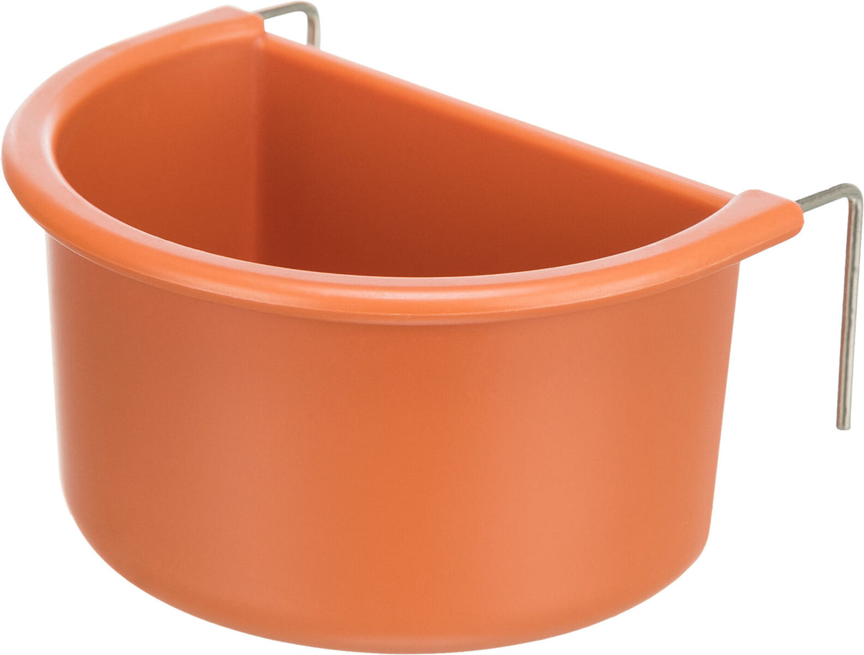Orangefarbener Kunststoffnapf in Halbrundform mit Metallhaltern an den Seiten.