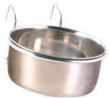 Metallschüssel mit glänzender Oberfläche und zwei Haken zur Befestigung an einer Halterung.