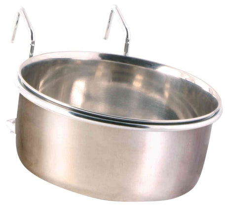 Metallschüssel mit glänzender Oberfläche und zwei Haken zur Befestigung an einer Halterung.