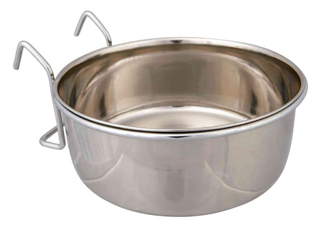 Silberne Metallschale mit integrierten Haken an der Seite, glänzende Oberfläche, geeignet zum Aufhängen.