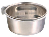 Metallschale aus Edelstahl mit einer Halterung an der Seite, glatte Oberfläche, reflektierende Optik.