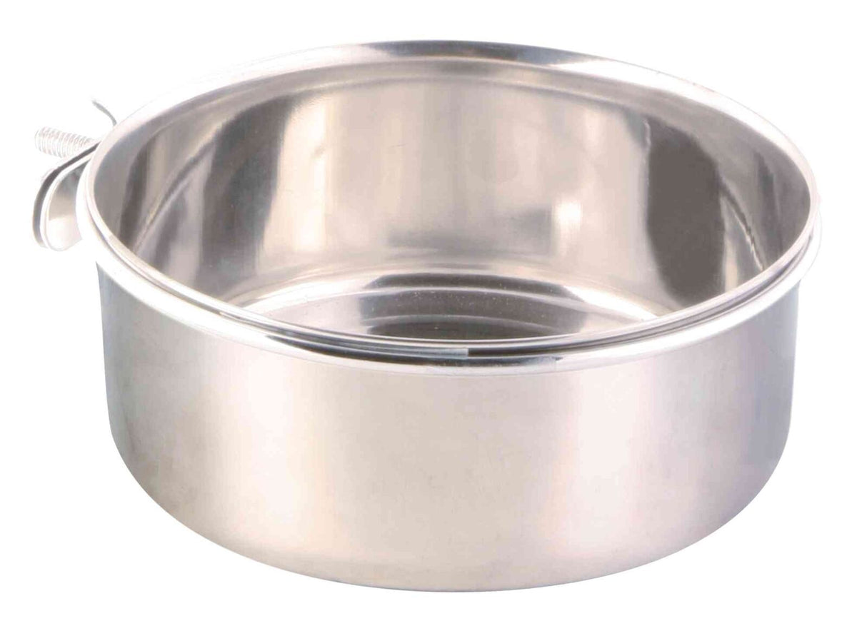 Runde, silberne Metallschale mit glänzender Oberfläche, seitlicher Halterung und glattem Rand.