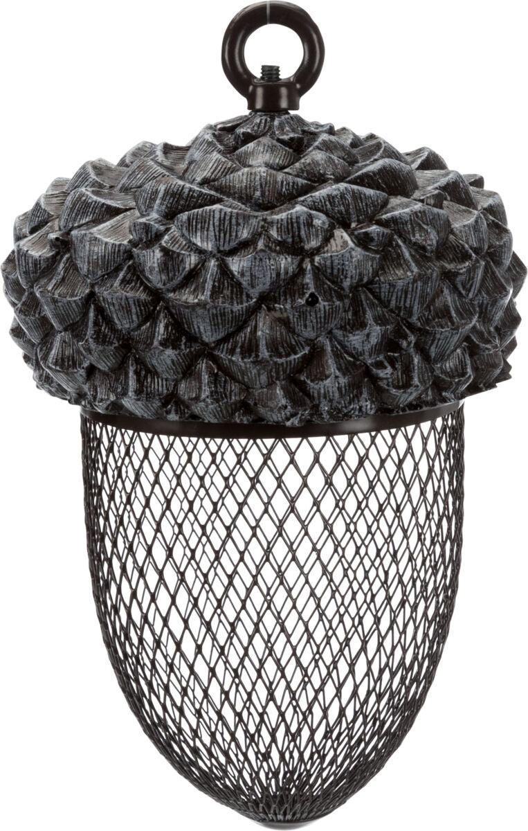 Objekt in Form einer Eichel mit dekorativer Struktur und einem Netzkorb darunter in schwarz-grauem Design.