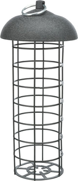 Metallene Drahtgittervorrichtung mit rundem Dach und Ringhalterung, in zylindrischer Form gestaltet.