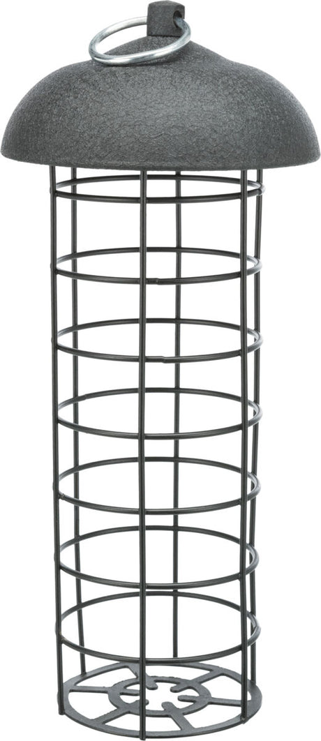 Metallene Drahtgittervorrichtung mit rundem Dach und Ringhalterung, in zylindrischer Form gestaltet.