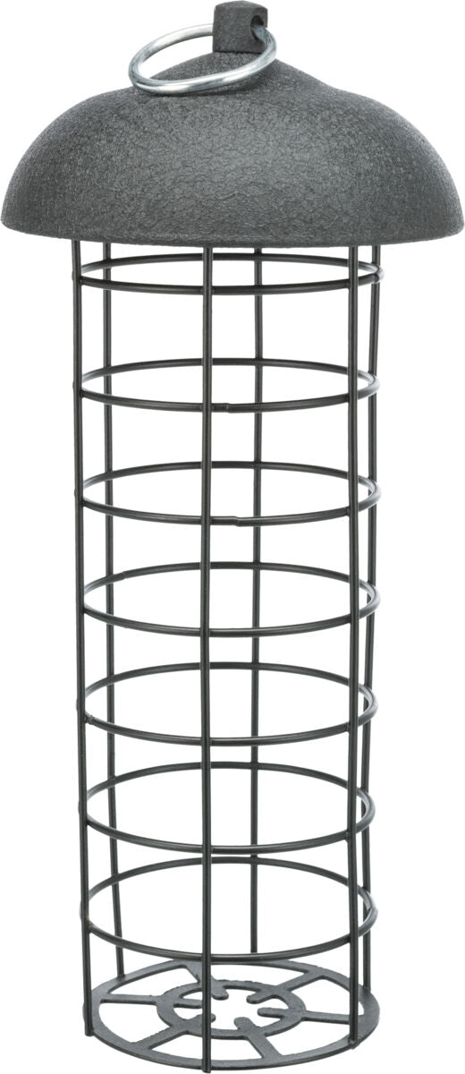 Metallene Drahtgittervorrichtung mit rundem Dach und Ringhalterung, in zylindrischer Form gestaltet.
