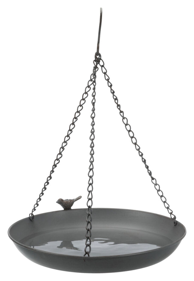 Eine hängende Vogeltränke aus Metall mit Ketten, dekoriert mit einer kleinen Vogelskulptur am Rand.