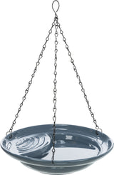 Graue hängende Schale aus Metall mit Kettenaufhängung und Haken, glänzende Oberfläche, einfache Gestaltung.