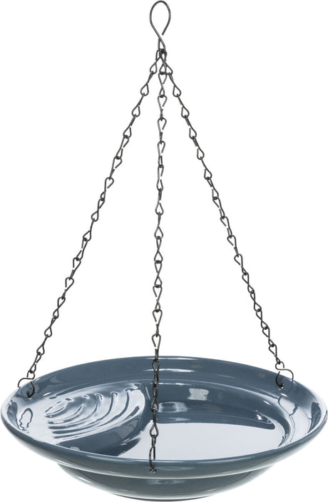 Graue hängende Schale aus Metall mit Kettenaufhängung und Haken, glänzende Oberfläche, einfache Gestaltung.