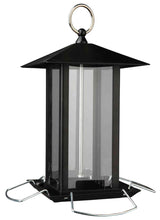 Schwarzes, sechseckiges Vogelhaus aus Metall und Glas mit rundem Aufhängering und silbernen Sitzstangen.