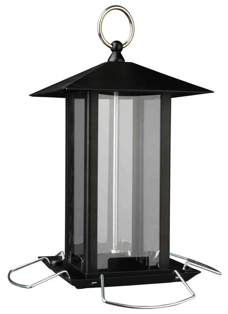Schwarzes, sechseckiges Vogelhaus aus Metall und Glas mit rundem Aufhängering und silbernen Sitzstangen.