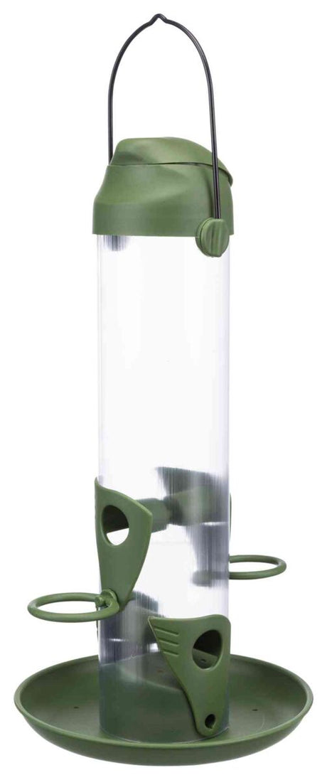 Grüner Kunststoff-Vogelfutterautomat mit transparentem Zylinder, zwei Sitzringen, Aufhängeschlaufe, stabile Basis.