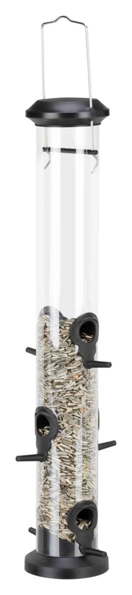 Langer transparenter Vogelfutterspender mit schwarzen Abdeckungen und mehreren Sitzstangen, gefüllt mit Sonnenblumenkernen.