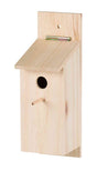 Holz-Nistkasten mit rechteckigem Dach und rundem Einflugloch, hellbraune Farbe, Senkrechtaufhängung.