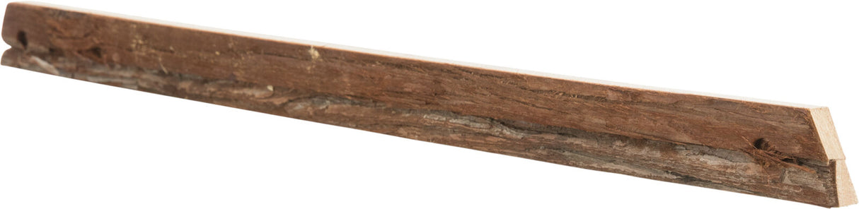 Langes, schmal zugeschnittenes Holzstück in natürlicher brauner Farbe mit rauer Oberfläche und sichtbaren Kanten.