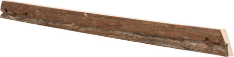 Langes, schmal zugeschnittenes Holzstück in natürlicher brauner Farbe mit rauer Oberfläche und sichtbaren Kanten.