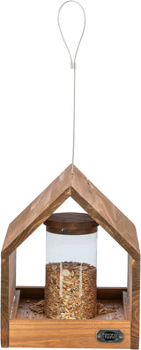 Hängendes Vogelhaus aus Holz mit durchsichtigem Futterspender, gefüllt mit Samen, Silhouetten-Draht oben.