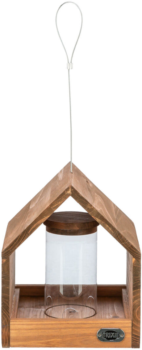 Holz-Vogelfutterhaus mit dreieckigem Dach und transparentem Zylinder in der Mitte, mit Aufhängevorrichtung.