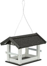 Hängendes Vogelfutterhaus mit schwarzem Dach und weißem Rahmen, aus Holz mit Drahtseil.