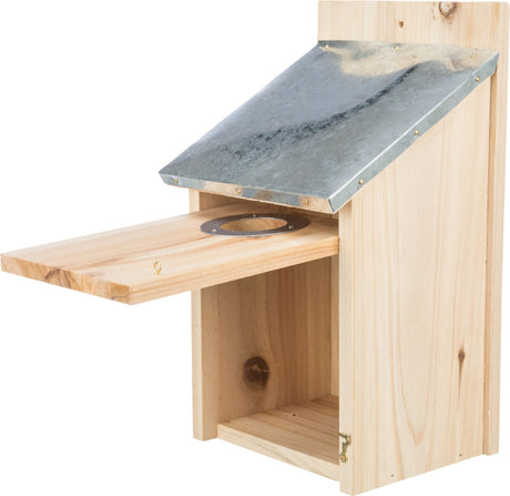 Holz Nistkasten mit schrägem Metalldach und seitlicher Öffnung, geeignet für Vögel, natürliche Holzfarbe.