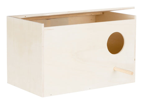 Holzkasten mit offener Oberseite, rundem Eingangsloch und kleinem Stab auf der Frontseite.
