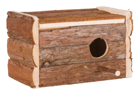 Rechteckiger Nistkasten aus unbehandeltem Holz mit rundem Eingang und Anflugstange aus Naturholz.