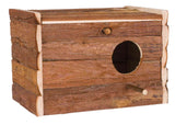 Holzkasten mit sichtbaren Schichten, rundes Loch an der Vorderseite, kleines Stäbchen darunter.
