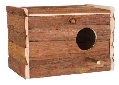 Holzkasten mit sichtbaren Schichten, rundes Loch an der Vorderseite, kleines Stäbchen darunter.