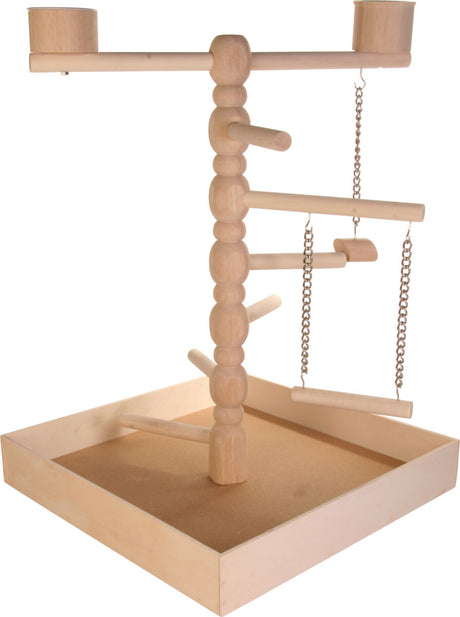Holzspielplatz für Vögel mit Sitzstangen, Ketten und quadratischem Sockel, naturfarben.
